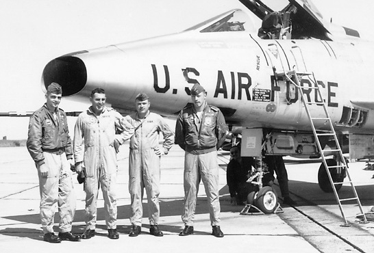 The crewmembers of the 79 TFS attending the 1964 NATO Tiger Meet at Cambrai, France. On the left Captain Mike Dugan, who later became General Mike Dugan. In the early days of the association Mike Dugan was one of the driving forces behind the NATO Tiger Meet.