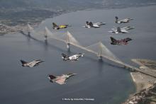 Tiger Flight Formation over the Gulf of Corinth crossing the Charilaos-Trikoupis-Bridge near Patras.