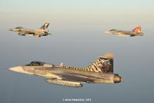 F-16 from 335 SQN in formation with 2 JAS-39C from 211 SQN CzAF and 101/1 SQN HunAF.