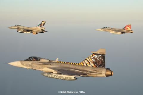 F-16 from 335 SQN in formation with 2 JAS-39C from 211 SQN CzAF and 101/1 SQN HunAF.